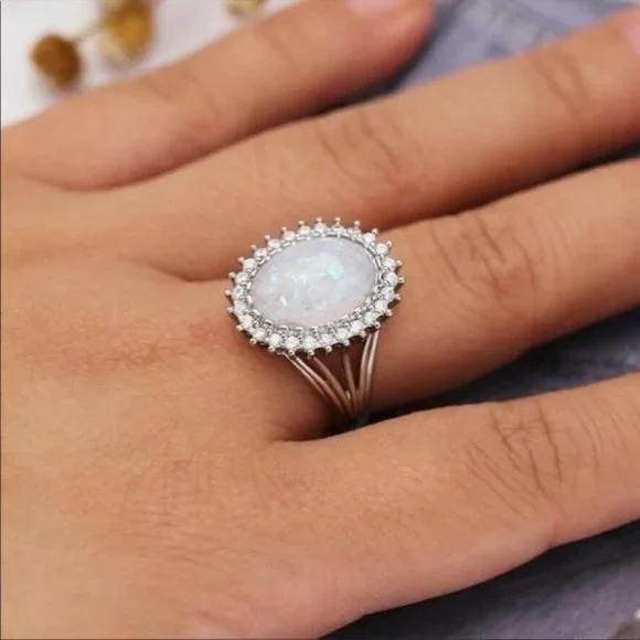 NEW HUGE OPAL DIAMOND HALO STERLING SILVER RING - Picture 2 of 5